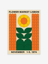 Lisbon Flower Market poster with a geometric orange, yellow, and green flower design and 1974 text.