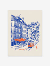 Lisbon Street Poster showing a blue and orange illustration of a city street with an orange tram, buildings, and a cafe.