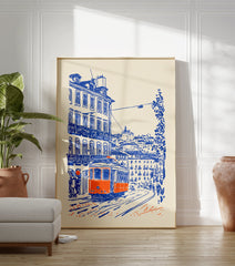 Illustration poster of an orange Lisbon tram on a blue-sketched city street with buildings and people. - Image 3