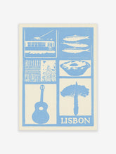 Lisbon travel poster in blue and white with illustrations of a tram, sardines, custard tart, guitar, and tiled building