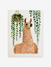 Watercolour-style illustration of a brown llama surrounded by hanging green vines on a textured white background