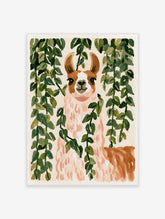 Watercolor illustration of a llama framed by hanging green vines on a cream background
