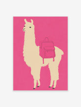 Illustrated llama wall art with a pink backpack against a hot pink background, perfect for modern animal print decor.