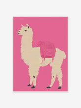 Llama wall art print featuring a white llama wearing a pink backpack against a vibrant pink background.