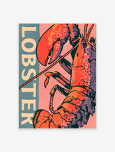 Retro lobster poster with red claw, pink background, and vertical LOBSTER text on teal band