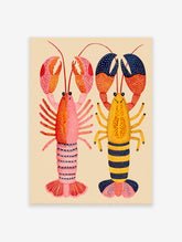Colorful lobster wall art illustration featuring a pink and a yellow lobster with blue accents and polka dots on a light background.