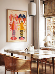 Colorful lobster wall art illustration featuring a pink and a yellow lobster with blue accents and polka dots on a light background. - Image 3