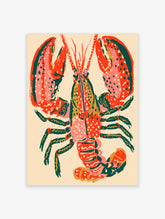 Colourful lobster art print with spotted red and pink claws on a cream background