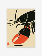Japanese woodblock style lobster art print with black shell, red claw and antennae on beige background