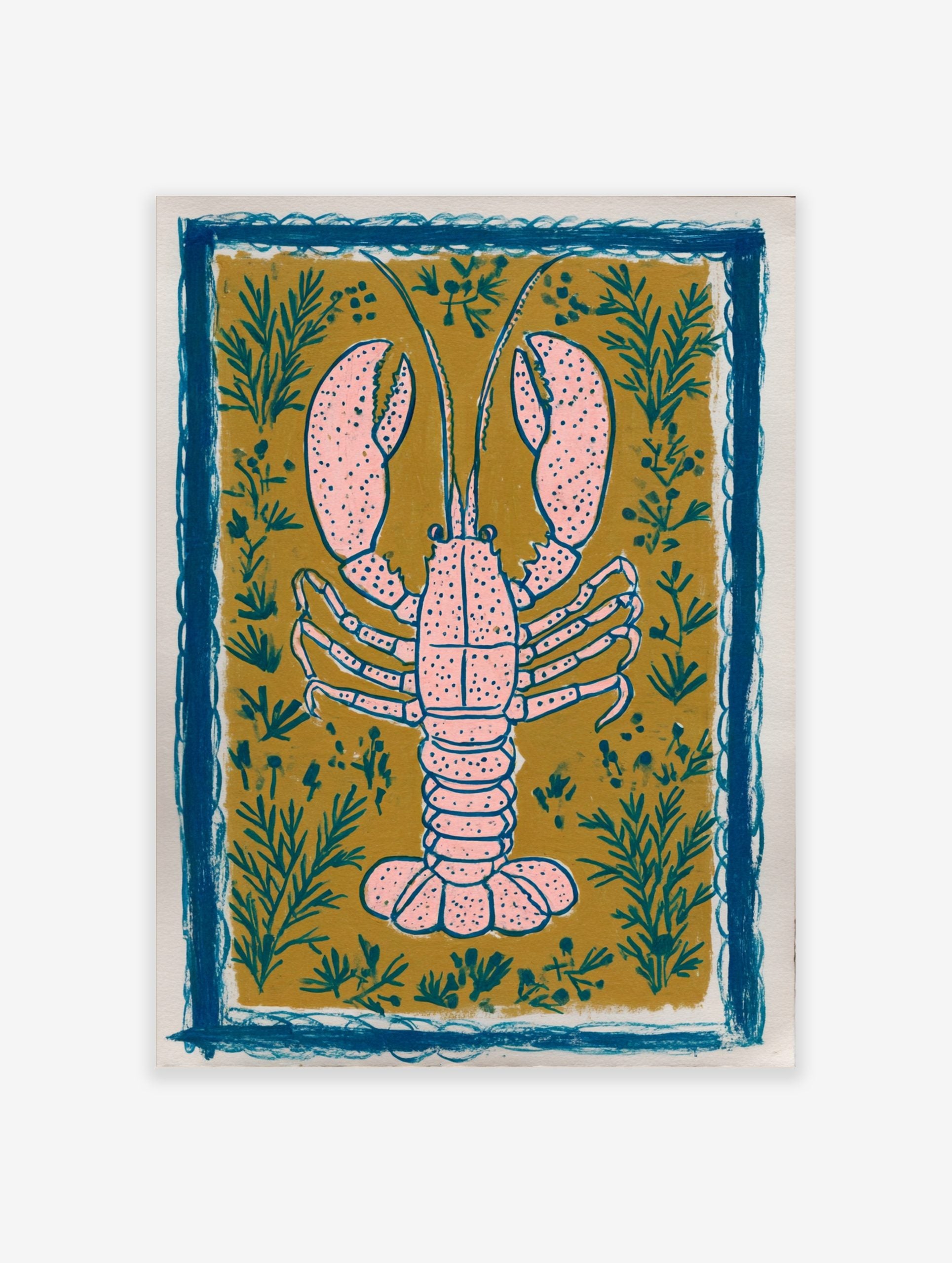 Pink lobster illustration art print on mustard yellow background with teal plants and blue decorative border