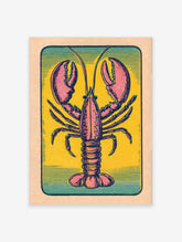 Vintage lobster illustration print with pink and red animal on yellow background and teal border in portrait orientation