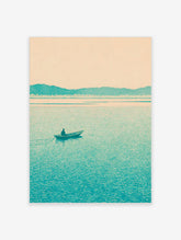Minimalist teal landscape print with a lone boatman on a lake and distant mountains under a pale sky