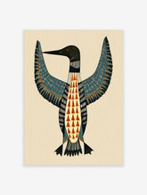Geometric loon bird art print with blue wings and orange triangle pattern on cream background