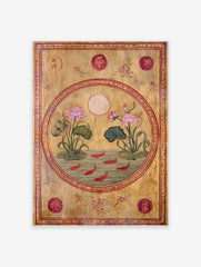 Traditional Indian painting of pink lotus flowers, green lily pads, and red fish in a pond, with script