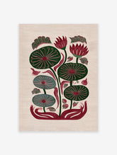 Stylized lotus botanical illustration art print with red flowers and green leaves on a textured beige background.