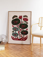 Stylized lotus botanical illustration art print with red flowers and green leaves on a textured beige background. - Image 2