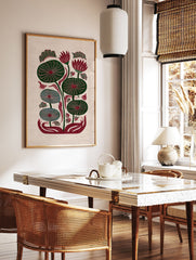 Stylized lotus botanical illustration art print with red flowers and green leaves on a textured beige background. - Image 3