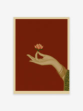 Illustration of a hand holding a lotus flower on a red background, traditional Indian art style wall art print