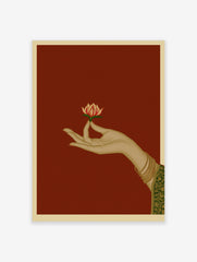 Illustration of a hand holding a lotus flower on a red background, traditional Indian art style wall art print