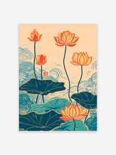 Lotus flower poster with orange blooms, teal leaves, and blue wave patterns on beige background