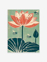 Lotus flower art print with red and cream petals, dark teal leaves, and three bees on a sage background
