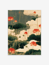Illustrative botanical print of red lotus flowers and green leaves against stylized cream clouds