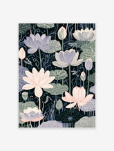 Lotus flower wall art print with pink and lilac water lilies, dragonflies, and dark background