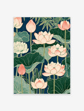 Pink lotus flowers and green lily pads on navy blue background, Japanese botanical illustration art print
