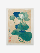 Japanese botanical art print featuring teal and blue lotus flowers and leaves on a textured light brown background, with Japanese script.