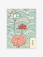 Lotus flower art print with red and white blooms over blue Japanese wave pattern