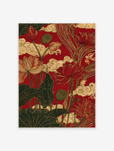 Detailed lotus flower and seed pod illustration with stylized clouds on a textured red background