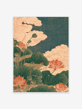 Japanese-style lotus flower wall art print with pink blossoms, green leaves, and clouds on a teal background