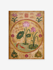 Traditional illustration of pink lotus flowers, green leaves, and two red fish in a pond, with red script and seals