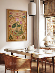 Traditional illustration of pink lotus flowers, green leaves, and two red fish in a pond, with red, in a styled room mockup