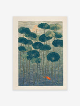 Japanese style lotus pond art print with teal lily pads, orange lotus flowers, and a vivid orange goldfish swimming in blue water.
