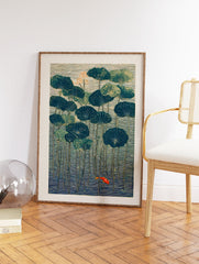 Japanese style lotus pond art print with teal lily pads, orange lotus flowers, and a vivid orange goldfish swimming in blue water. - Image 2