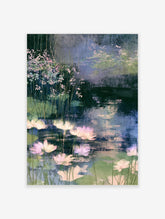 Water lily poster with pink lotus blooms, green lily pads, and deep blue pond reflections