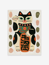 Black and white maneki neko lucky cat poster with raised paw, green collar, and red kanji banner