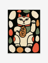 Japanese lucky cat poster with maneki neko and gold koban coin on black background