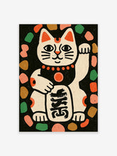 White lucky cat with raised paw, red collar, and black kanji on belly, on black background with red, green, and brown shapes