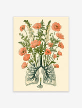 Surreal poster of human lungs made from roots and orange poppies on cream background