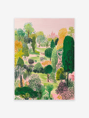Illustrative lush garden poster with a variety of green, yellow, and pink trees, a pink sky, and a distant pink building.