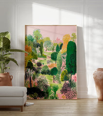 Illustrative lush garden poster with a variety of green, yellow, and pink trees, a pink sky, and a distant pink building. - Image 3