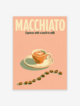 Macchiato coffee poster with cream typography, orange espresso cup and scattered beans on peach background