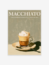 Macchiato coffee poster with white typography and painted glass cup of espresso topped with milk foam on a saucer