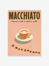Macchiato espresso poster with bold brown text, orange cup on saucer and coffee beans on pink background