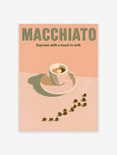 Macchiato coffee poster with green typography, espresso cup and coffee beans on peach background