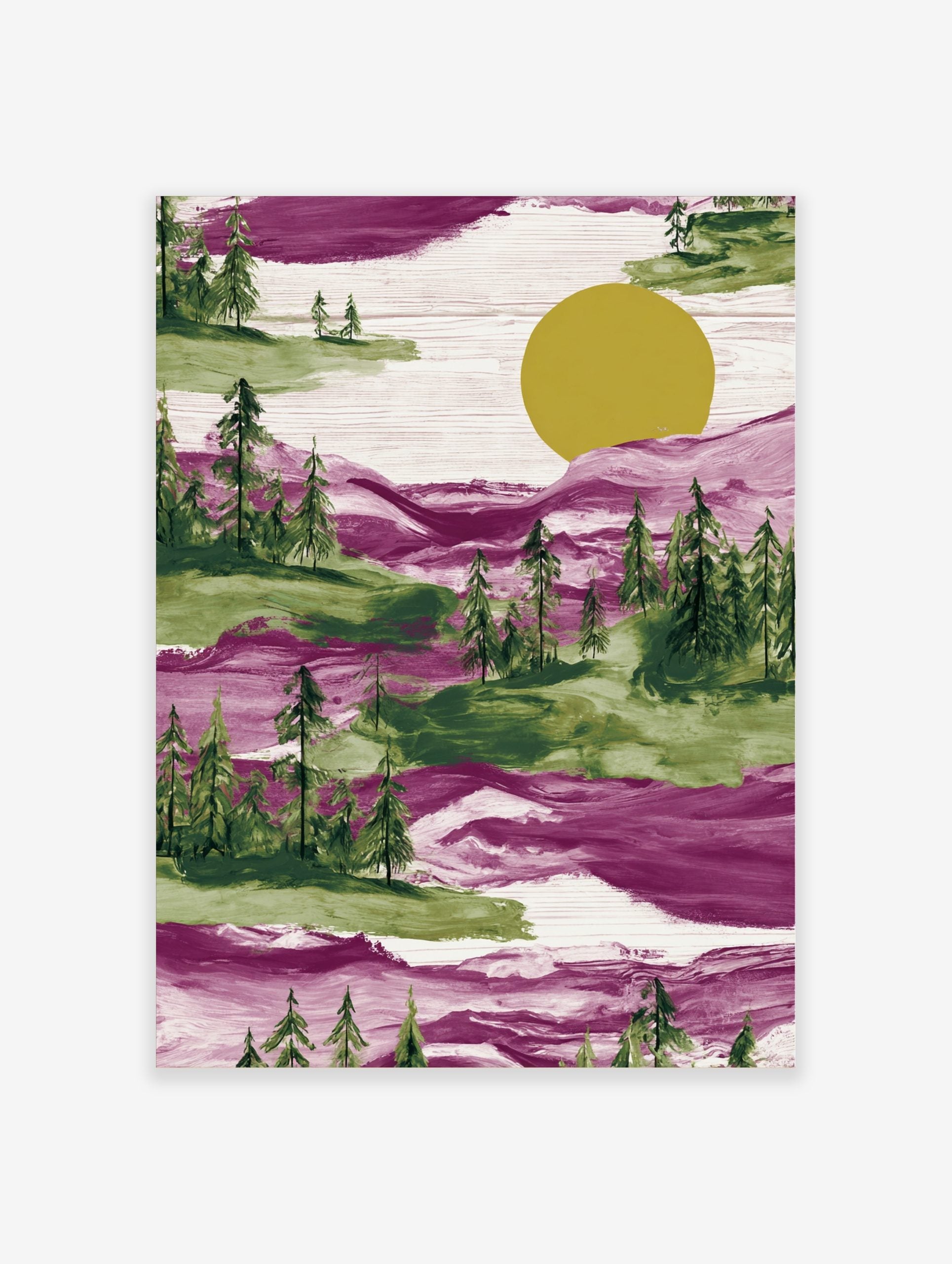 Illustrative magenta and green forest landscape with pine trees and a large yellow sun, with visible brushstrokes