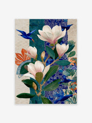 Illustrative botanical art print with pink magnolias, green leaves, and flying blue birds on a patterned blue and white