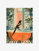 Magpie on orange bathtub with houseplants and coral window, colourful bathroom poster